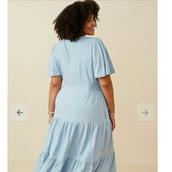 Hayden Dress Button Front Side Smocked Denim 1XL Tencel Layered Prarie Boho - Picture 3 of 12